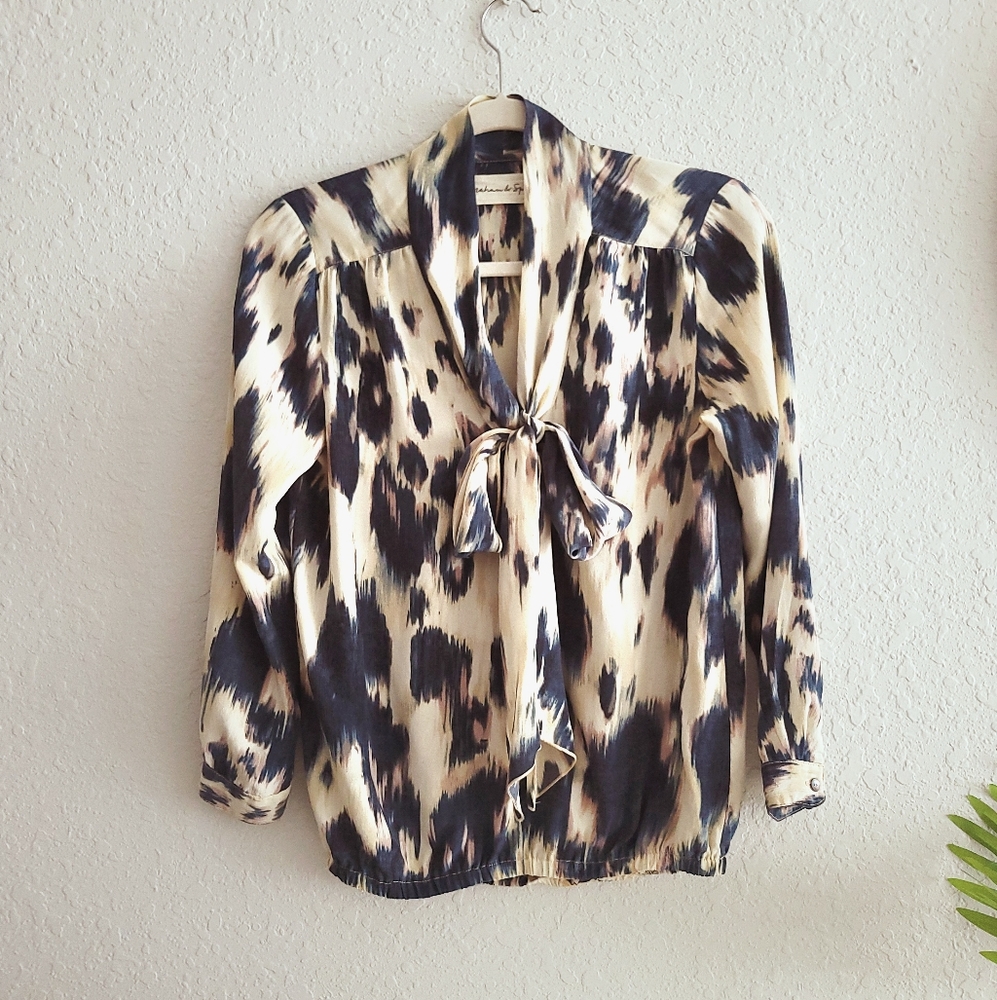 Graham and Spencer Silk Tie Neck Blue Hue Watercolor Long Sleeve Blouse